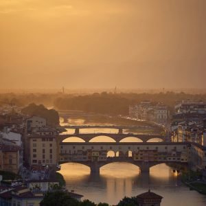 Ponte Vecchio, Florencia al atardecer desde Piazzale Michelangelo